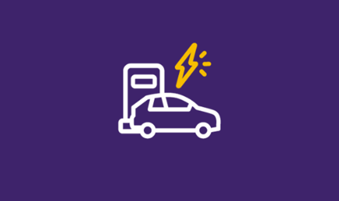 Cartoon icon of a car plugged into a electric vehicle charging point