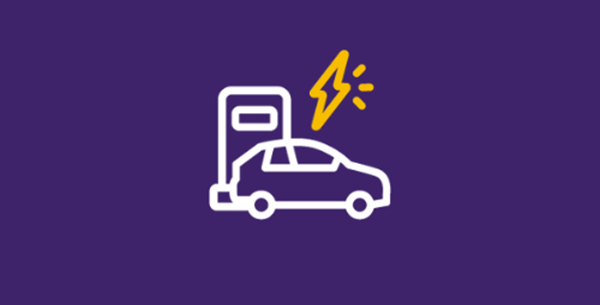 Cartoon icon of a car plugged into a electric vehicle charging point