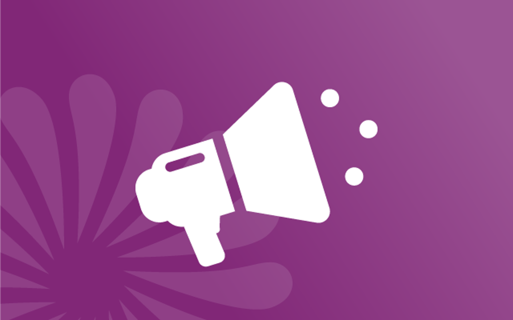 Megaphone icon on a purple background.